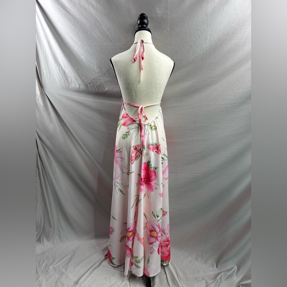 Boho Pink Floral Halter V- Neck Maxi Dress Low Back - Picture 12 of 12